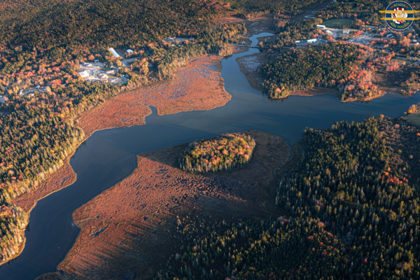 Autumn Marshlands and Forest – Acadia Air Tours Aerial view of a marshland and forested area near Bar Harbor, Maine, during autumn.