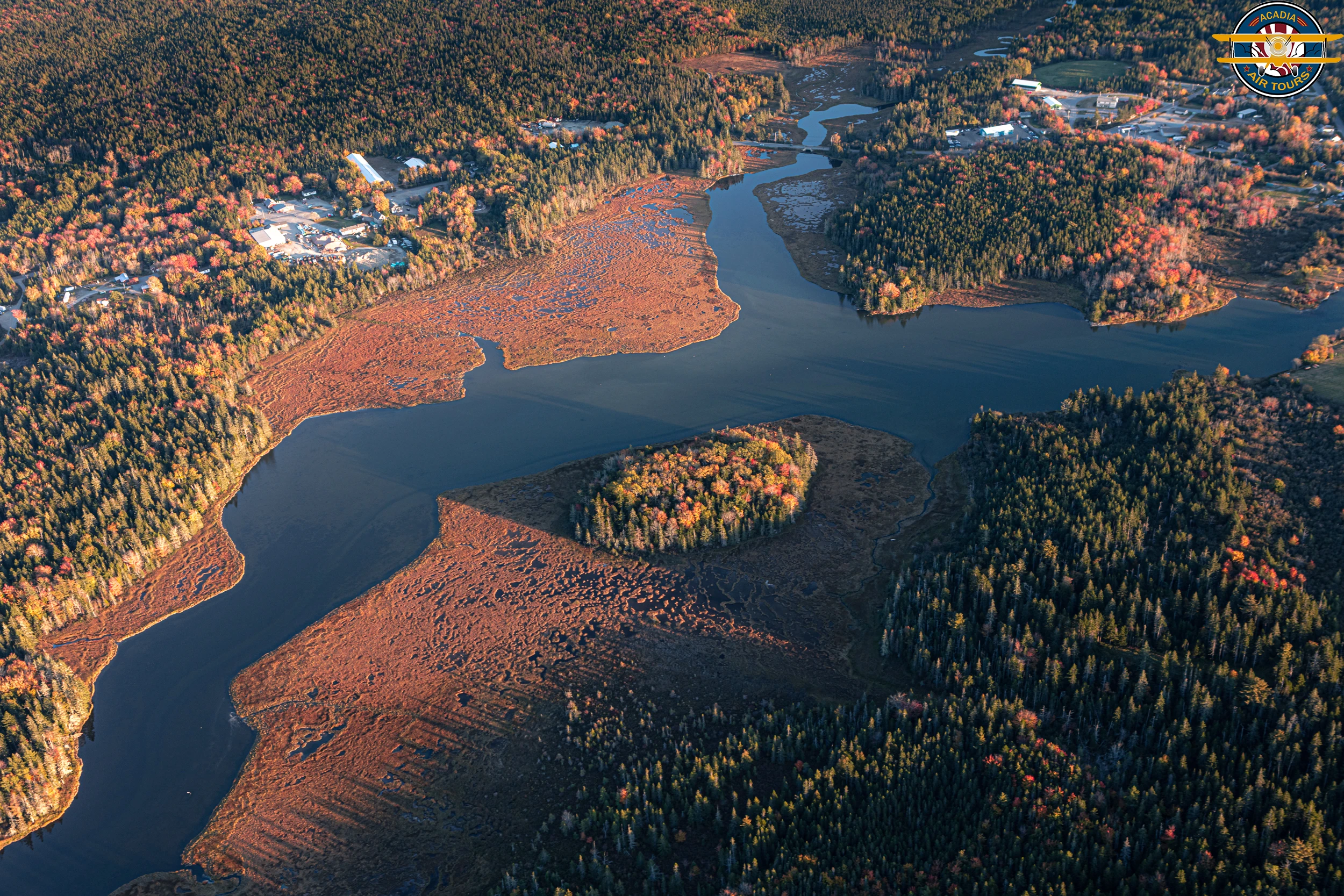 Aerial view of a marshland and forested area near Bar Harbor, Maine, during autumn.