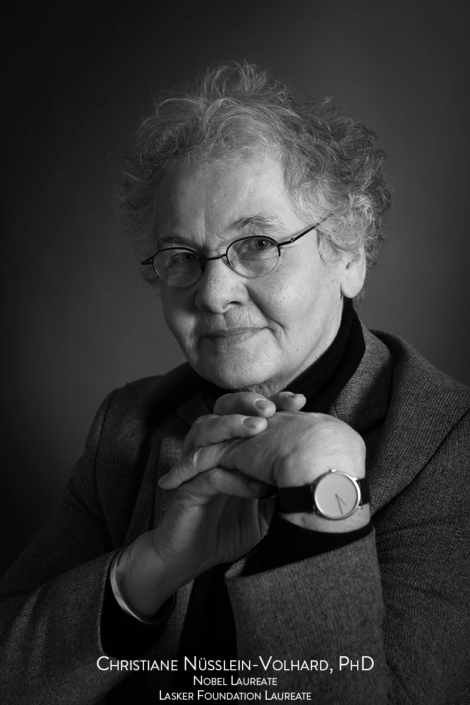 Portrait of Christiane Nüsslein-Volhard, PhD, with a composed expression, resting her chin on her clasped hands, in a grayscale studio setting.