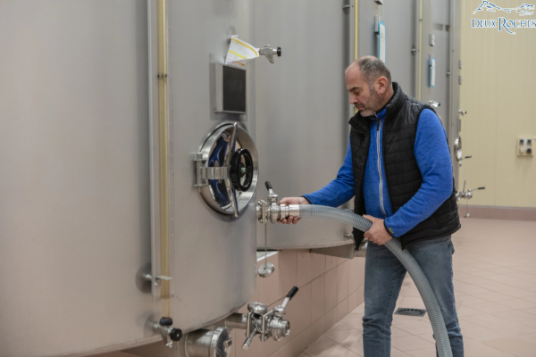 Winemaking process – Connecting hose to fermentation tank Winemaker connecting a hose to a stainless steel fermentation tank at Deux Roches winery.