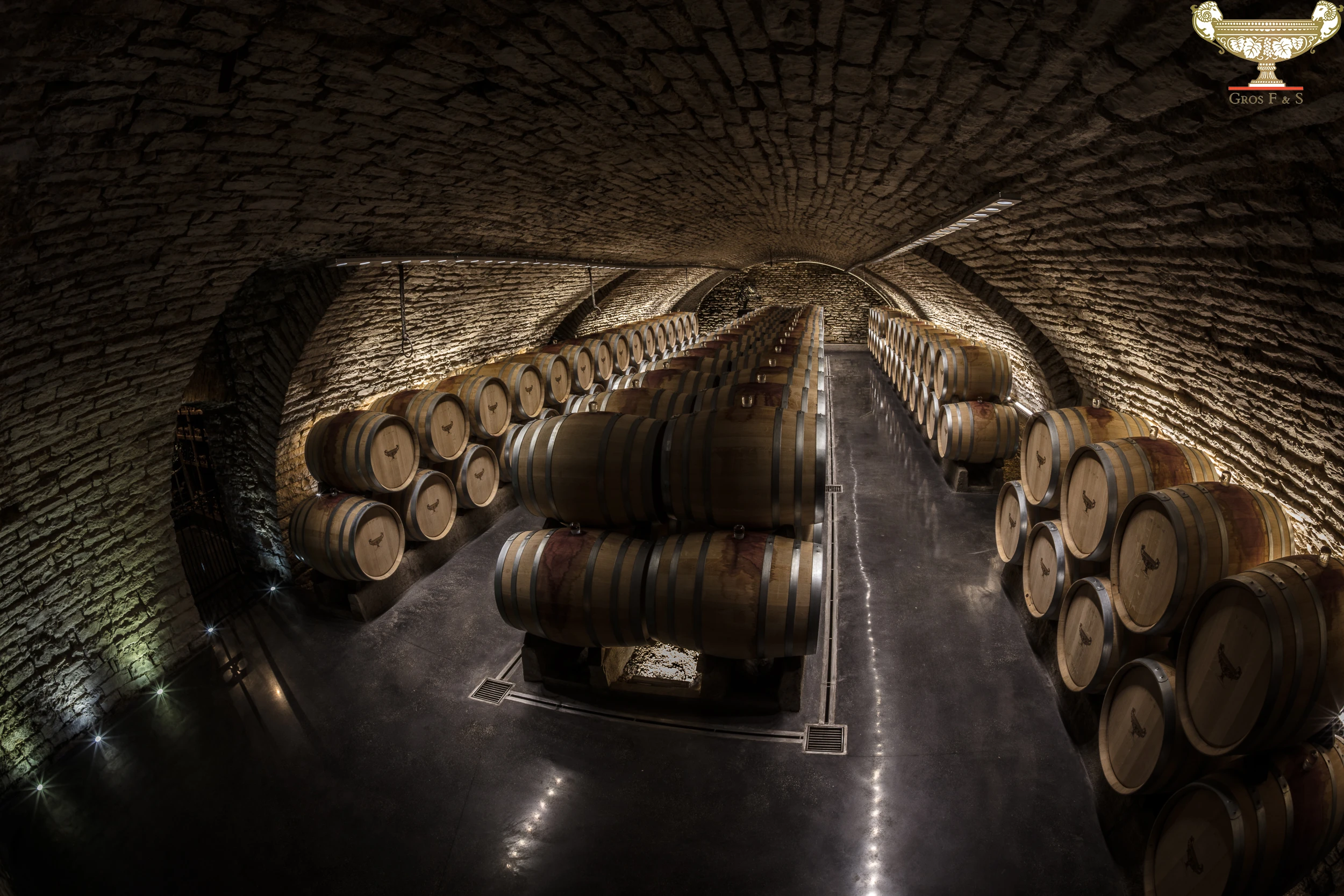 Wine cellar with stacked oak barrels under a vaulted stone ceiling at Domaine Gros Frère et Sœur, Burgundy.