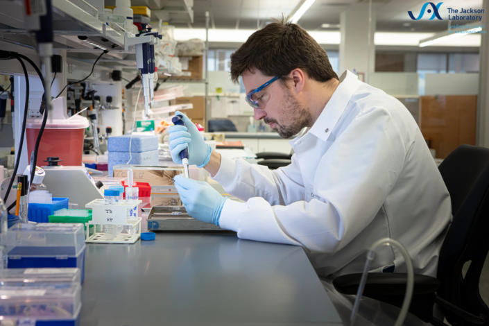 Scientist pipetting a sample at a lab bench, The Jackson Laboratory