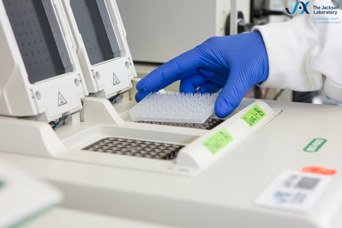 Gloved hand placing a 96-well plate into a laboratory instrument
