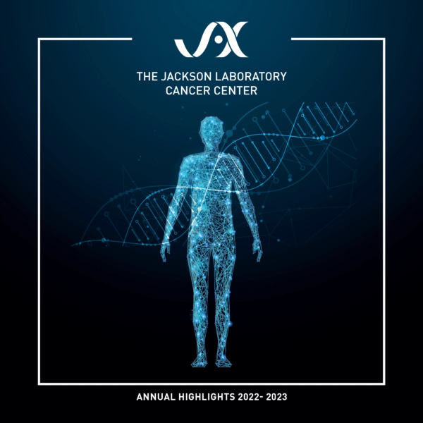 Cover of the 2022–2023 JAX Cancer Center Annual Report, featuring a digital human figure and DNA strand.