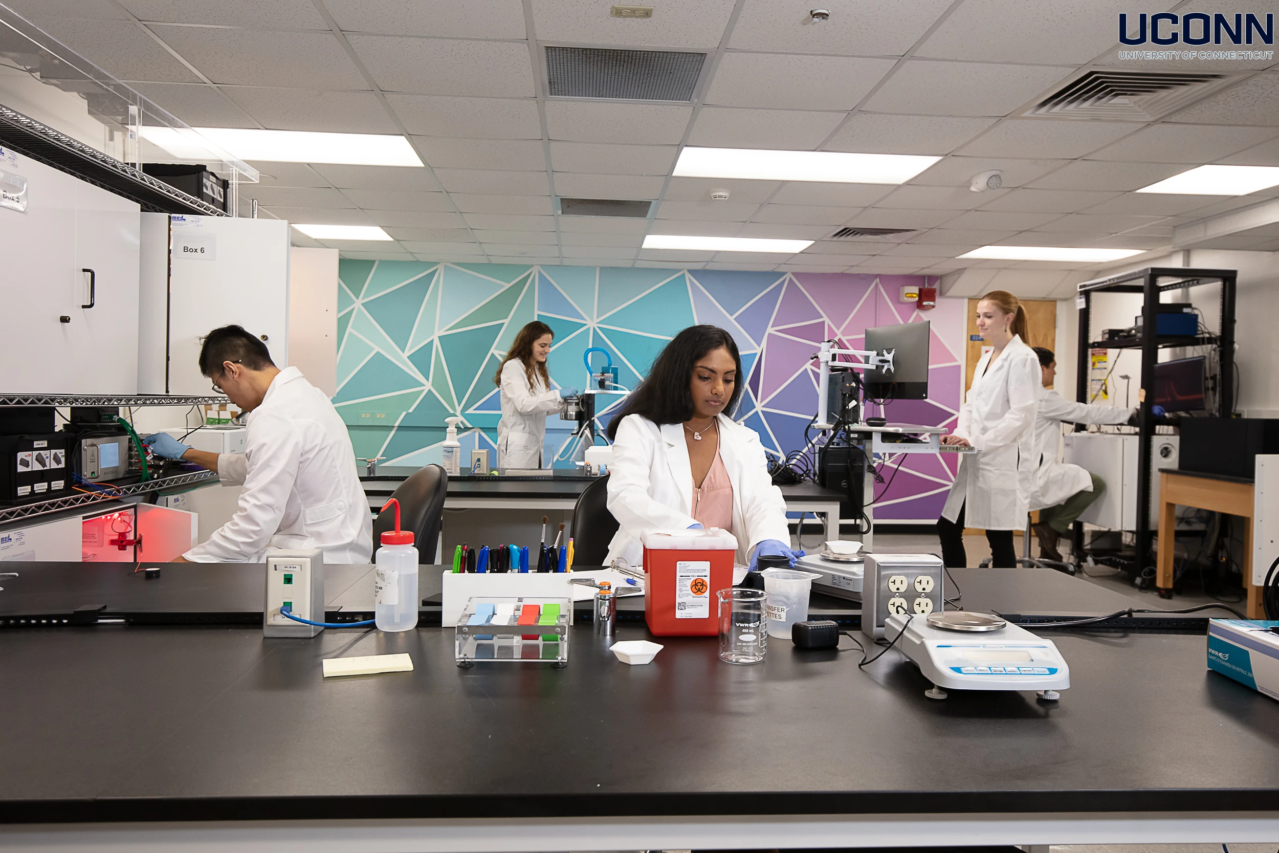 Doctoral students and young researchers working in a modern research lab at UConn,