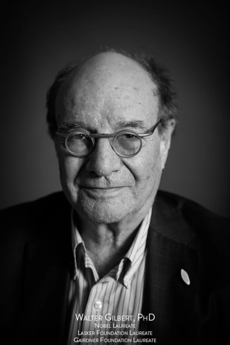 Black and white portrait of Walter Gilbert, Nobel Prize-winning molecular biologist.