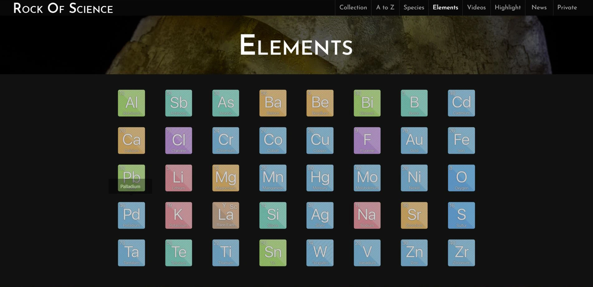 Screenshot of the "Elements" page from Rock of Science, displaying chemical elements as colored periodic table-style tiles.