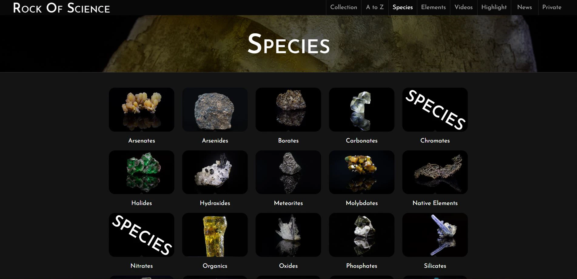 Screenshot of the "Species" page from Rock of Science, displaying mineral categories grouped by chemical families.