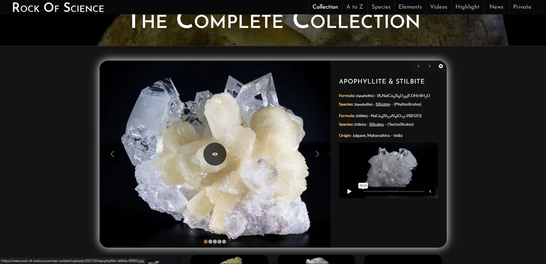 Fullscreen modal displaying mineral detail view with photo carousel, video, and composition data.