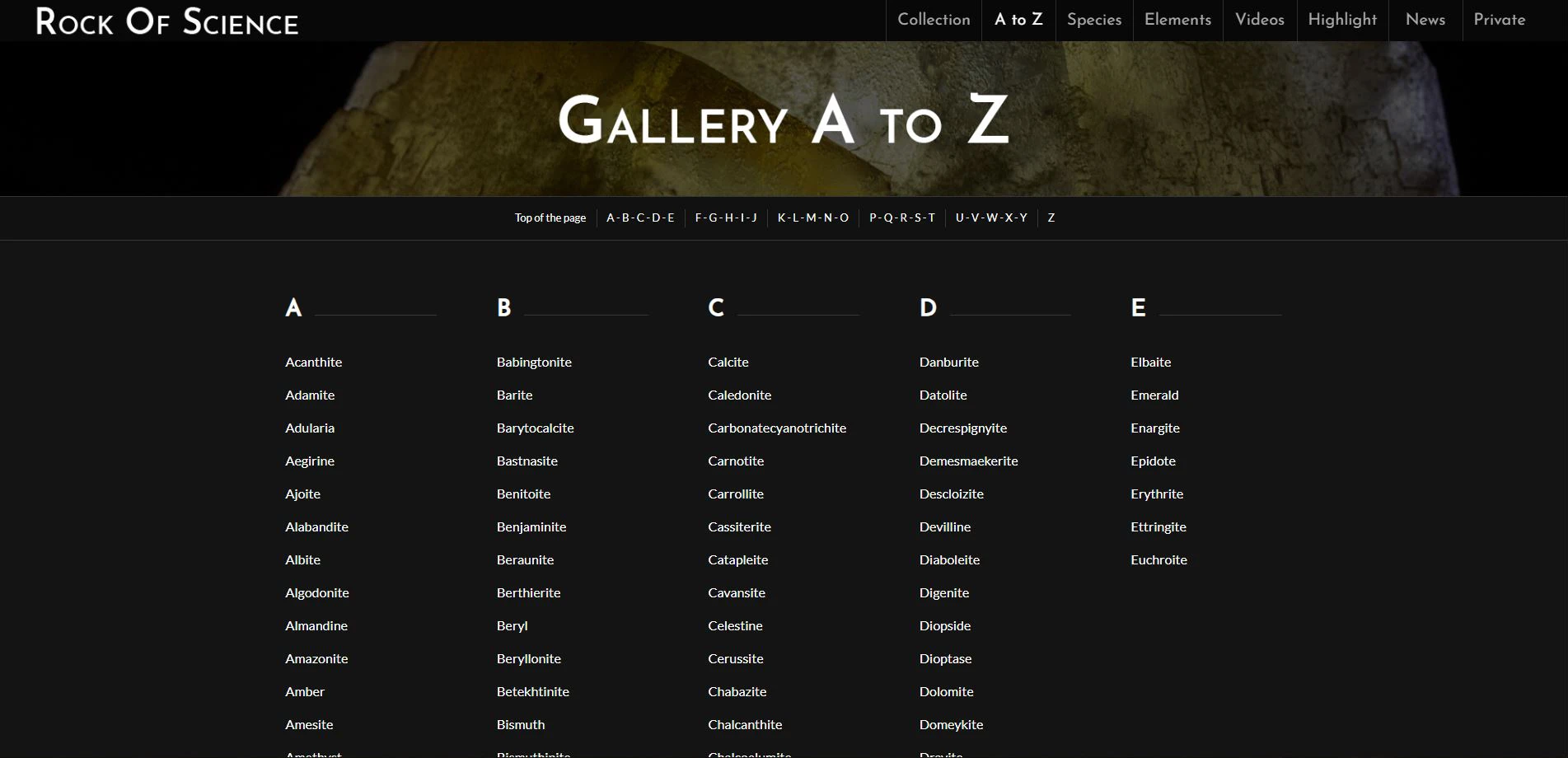 Screenshot of the "Type" page from Rock of Science, showing mineral categories such as fluorite, calcite, quartz, and more.