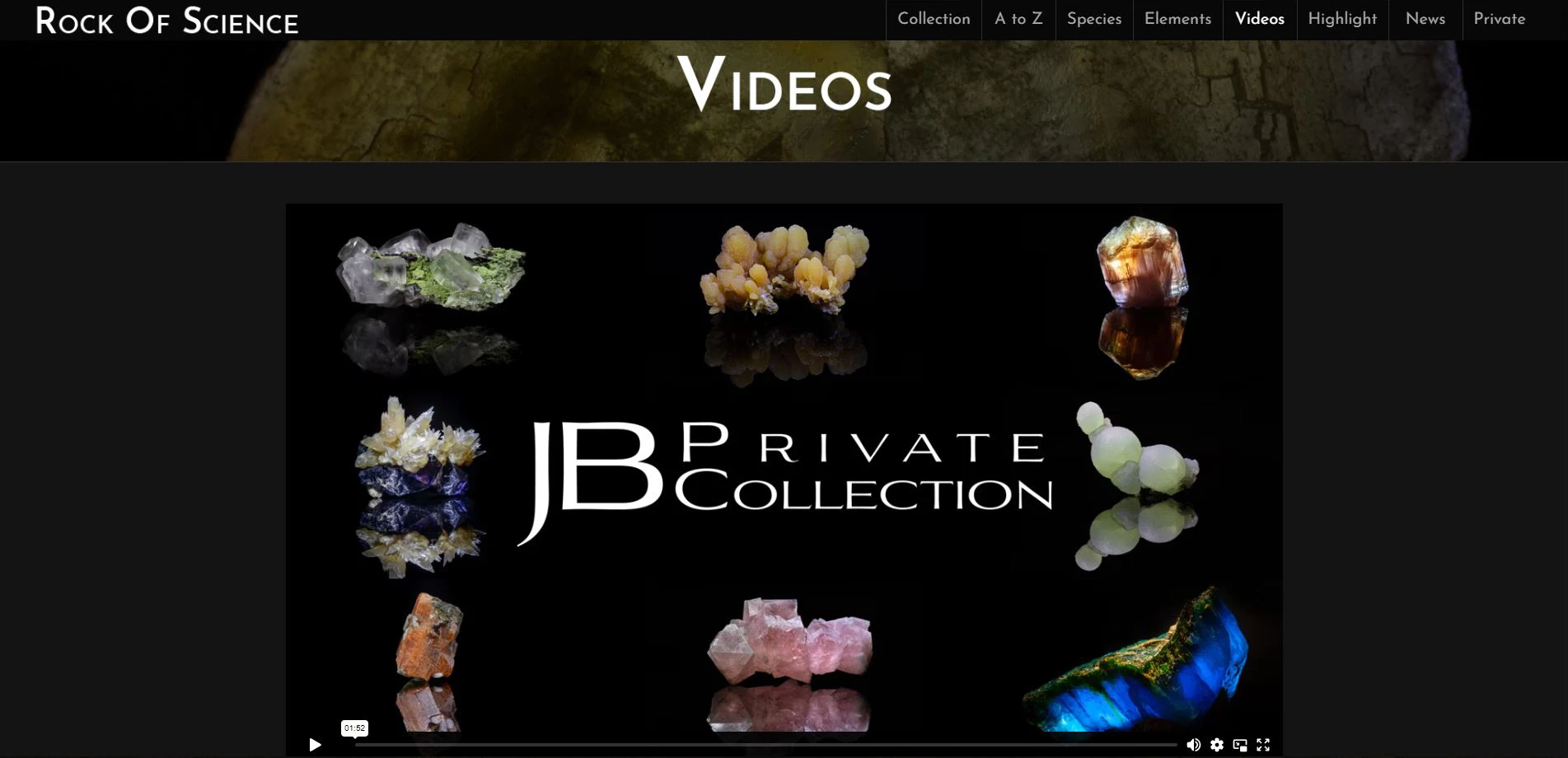 Screenshot of the "Video" page from Rock of Science, showing a video player and a grid of minerals featuring individual video clips.
