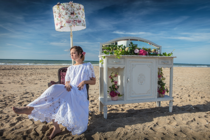 Romantic seaside decor with vintage patinated furniture – creative visual identity for interior design