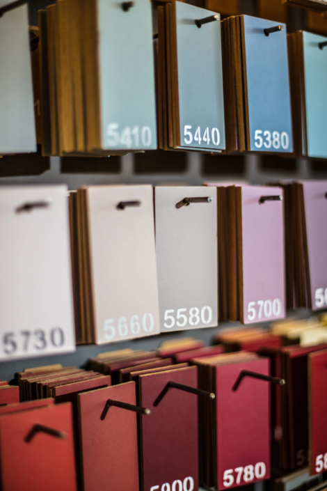 Color swatch wall for decorative paint selection – creative visual identity for interior design