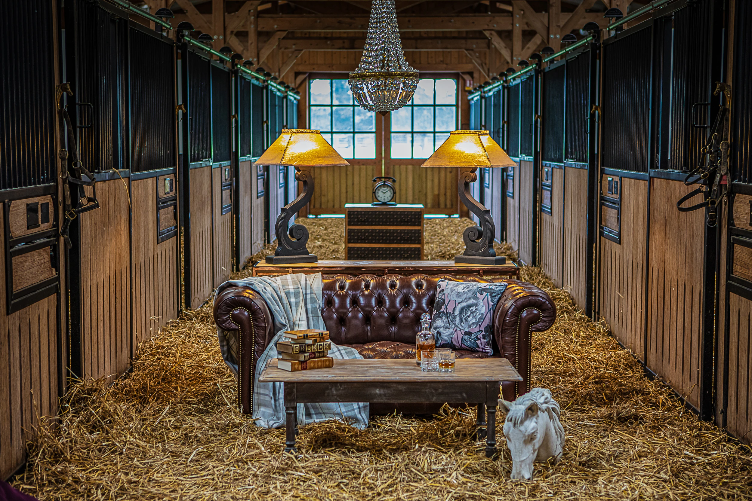 Luxury living room staged in a horse stable – photographed for Atelier Gris Mousse by a visual communication agency in Connecticut
