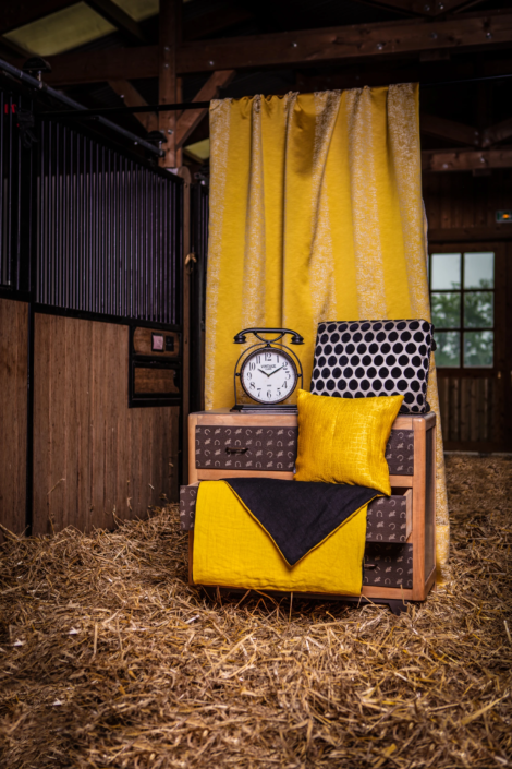 Equestrian-inspired furniture and bold textile styling with yellow and black contrast — creative visual identity for interior design by Atelier Gris Mousse.