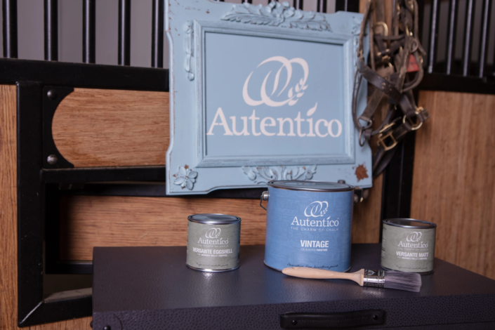 Autentico chalk paints and brush presented in a rustic stable — creative visual identity for interior design by Atelier Gris Mousse.