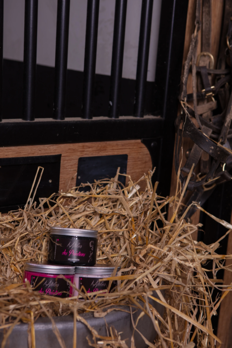 Cans of Atelier des Peintures decorative paint placed in straw inside a stable — creative visual identity for interior design by Atelier Gris Mousse.