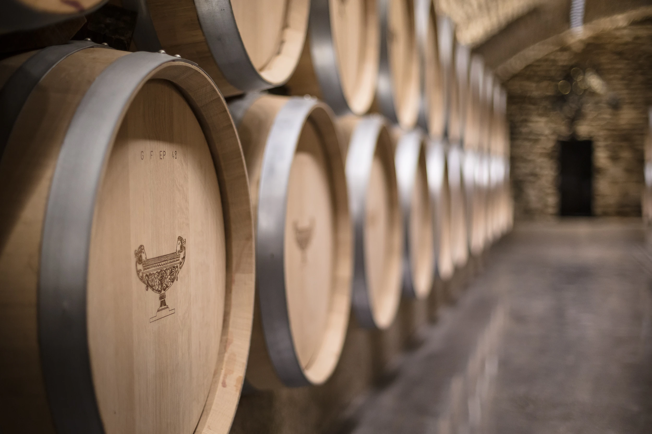 Close-up of oak wine barrels in the aging cellar at Domaine Gros Frère et Sœur, Vosne-Romanée.