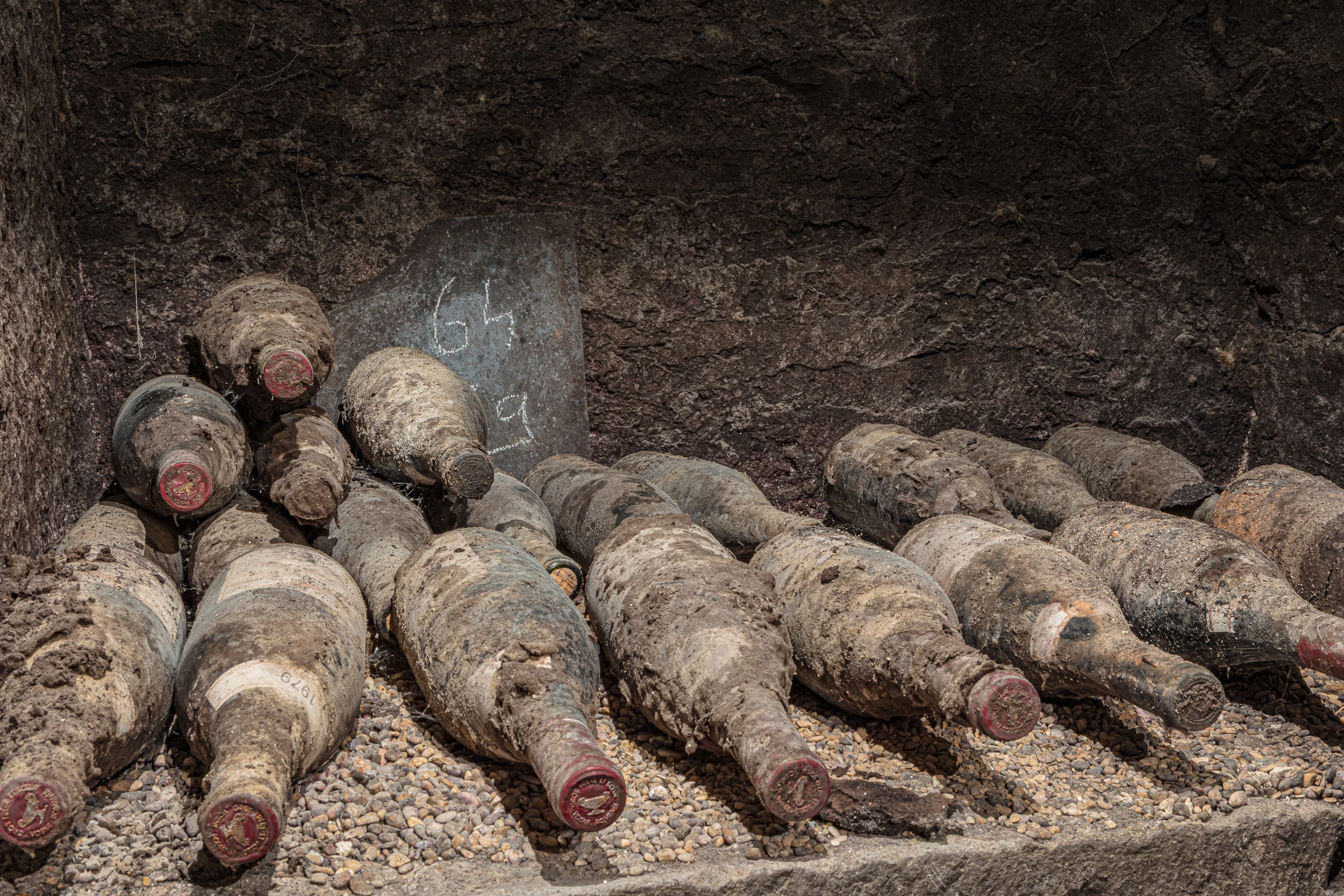 Old wine bottles covered in dust and mold in the historical cellar of Domaine Gros Frère et Sœur.