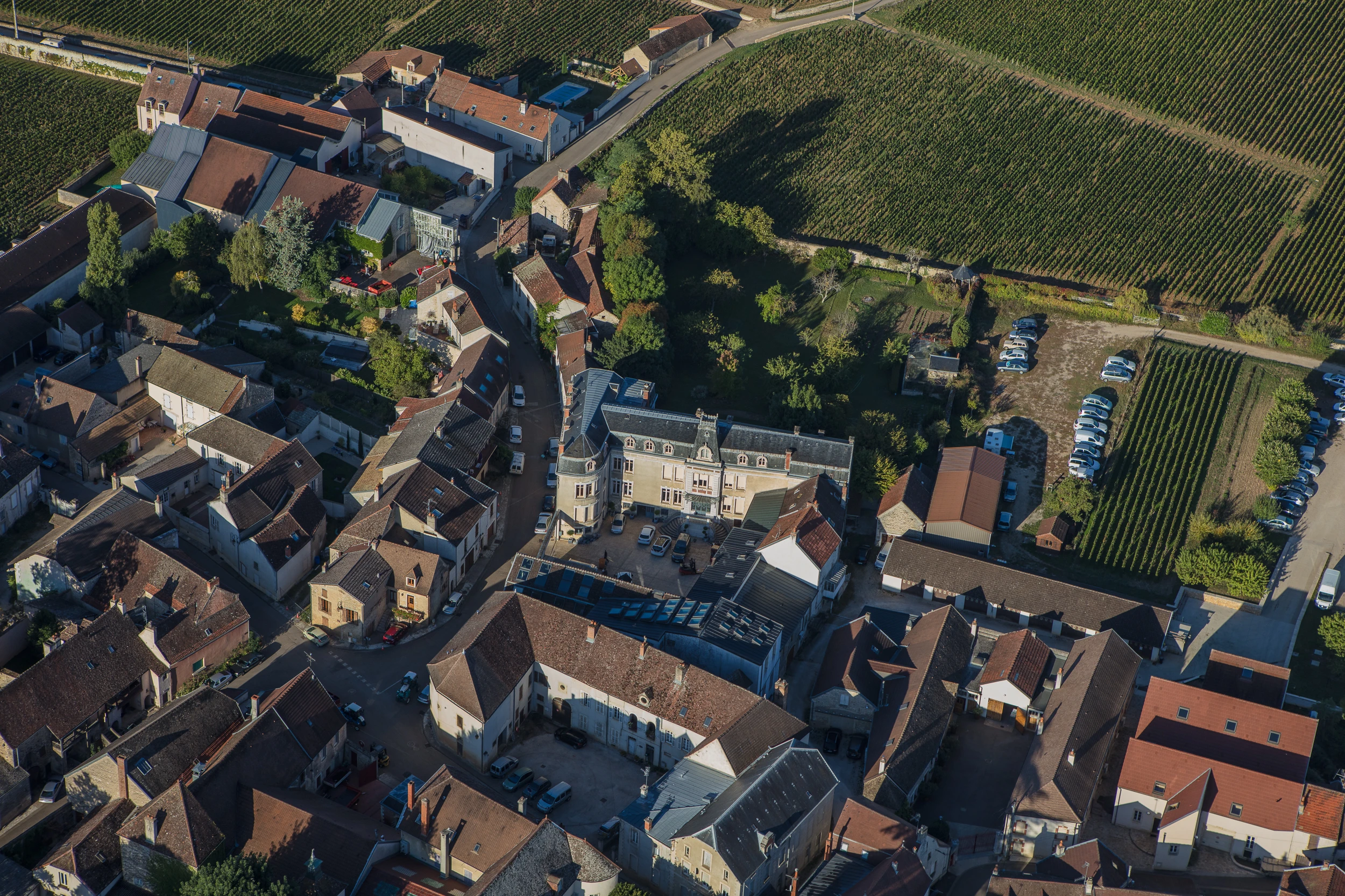 Aerial view of Vosne-Romanée village and Domaine Gros Frère et Sœur estate in Burgundy.