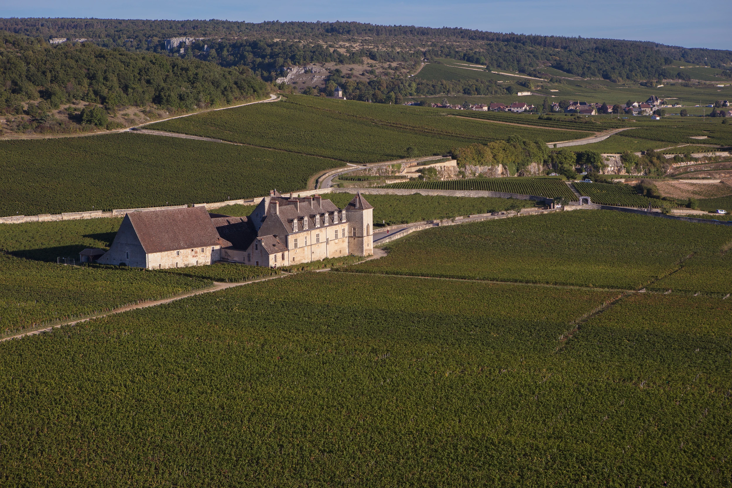 Aerial view of Château du Clos de Vougeot surrounded by vineyards in Burgundy, France