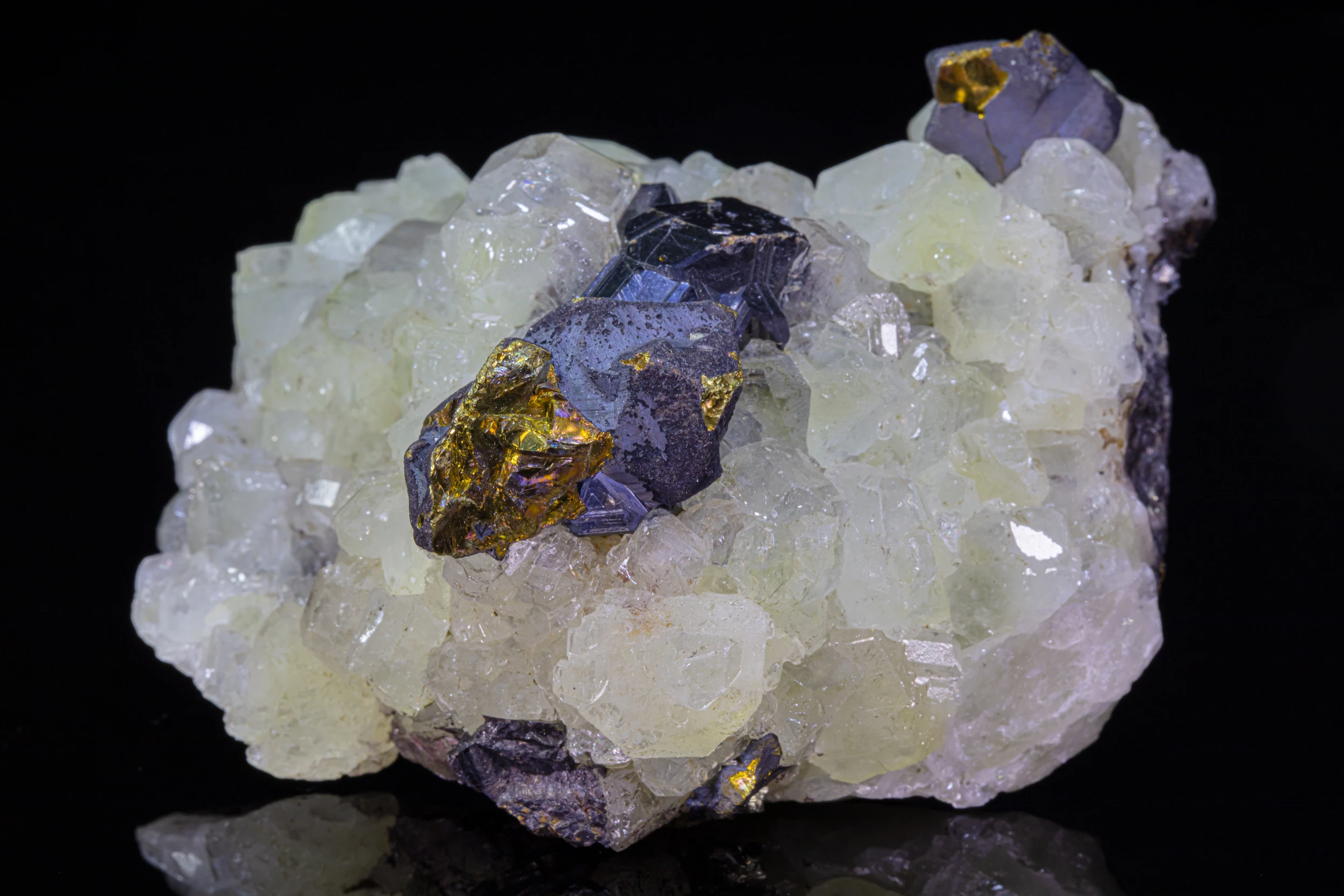 Studio photograph of Datolite and Chalcopyrite crystals from Charcas, Mexico, showing translucent greenish datolite crystals with brassy chalcopyrite inclusions.
