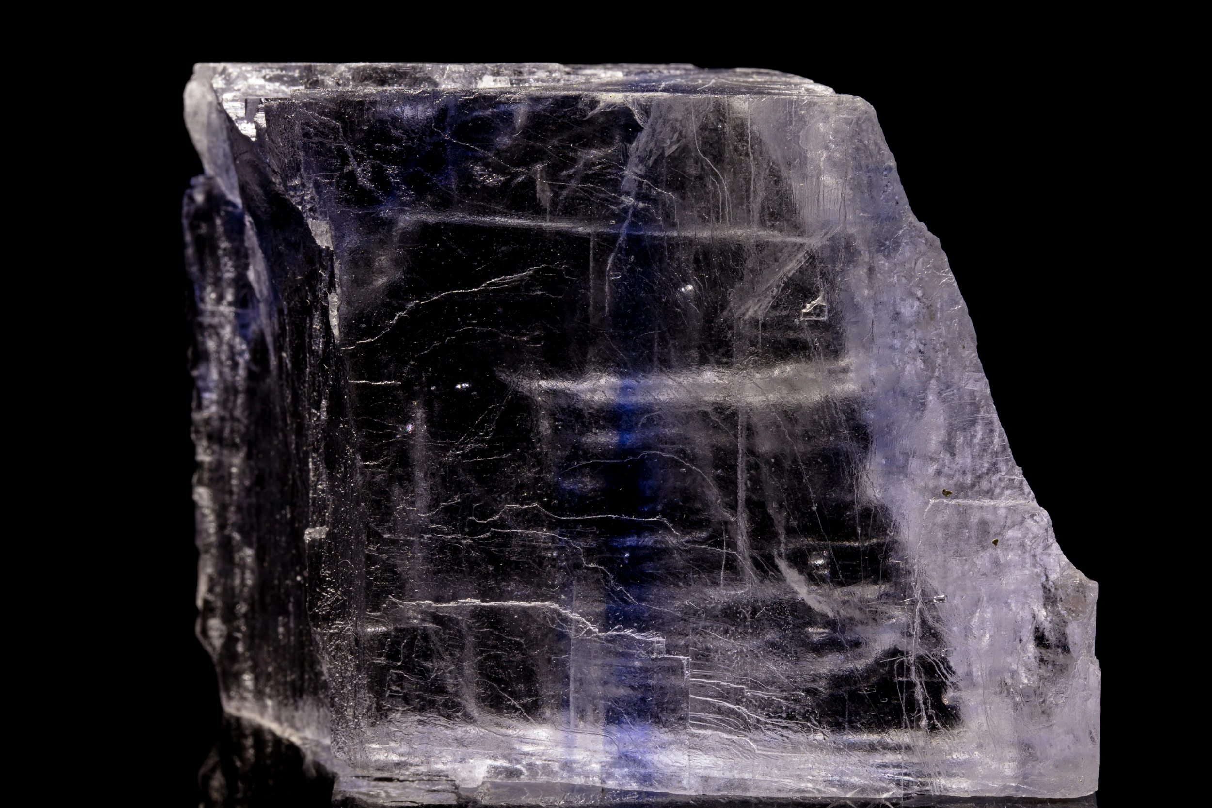 Transparent halite crystal from Kerr McGee Mine, New Mexico, featuring a rare internal blue phantom.