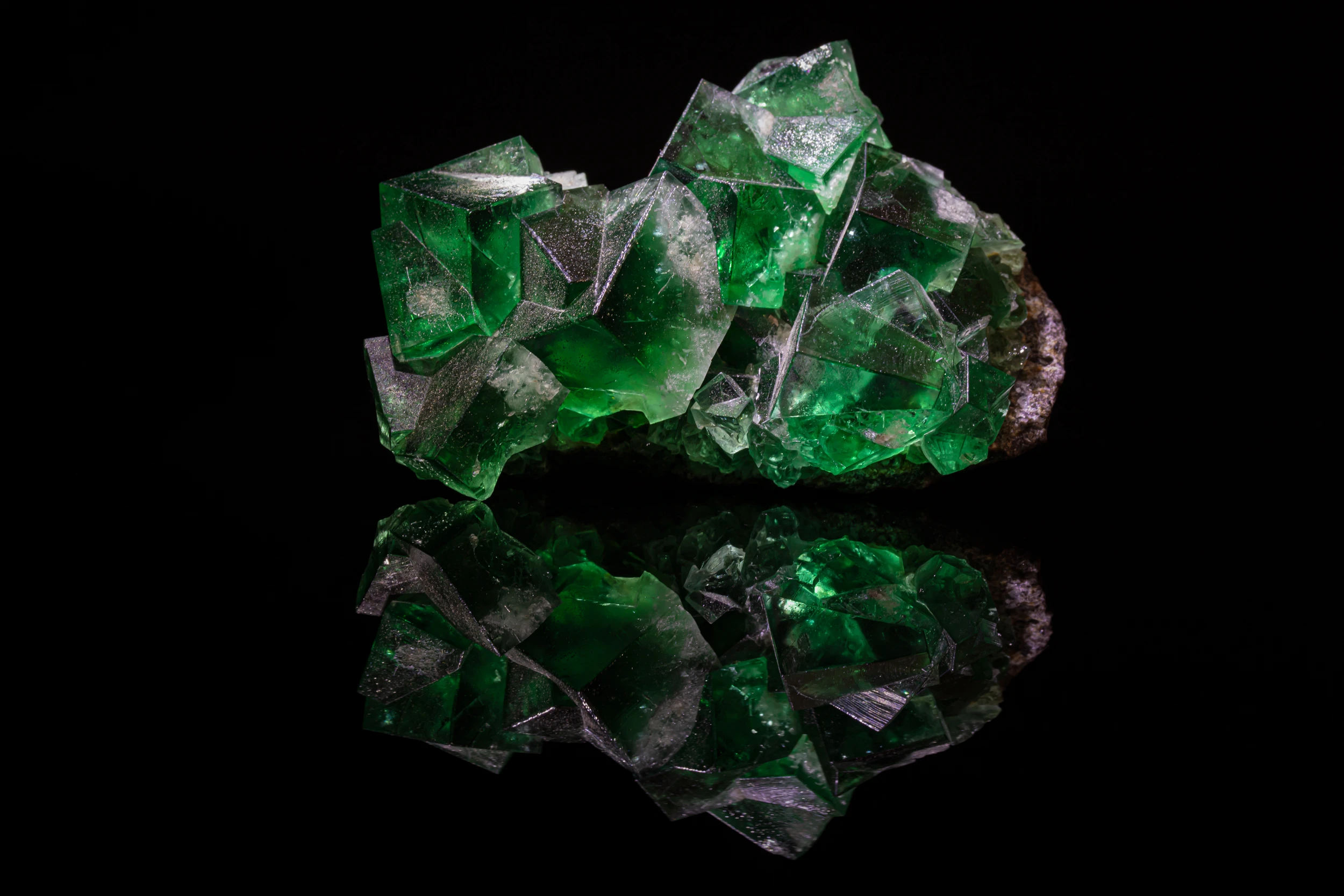 Green fluorite crystal cluster from England, captured in studio on reflective black vinyl surface