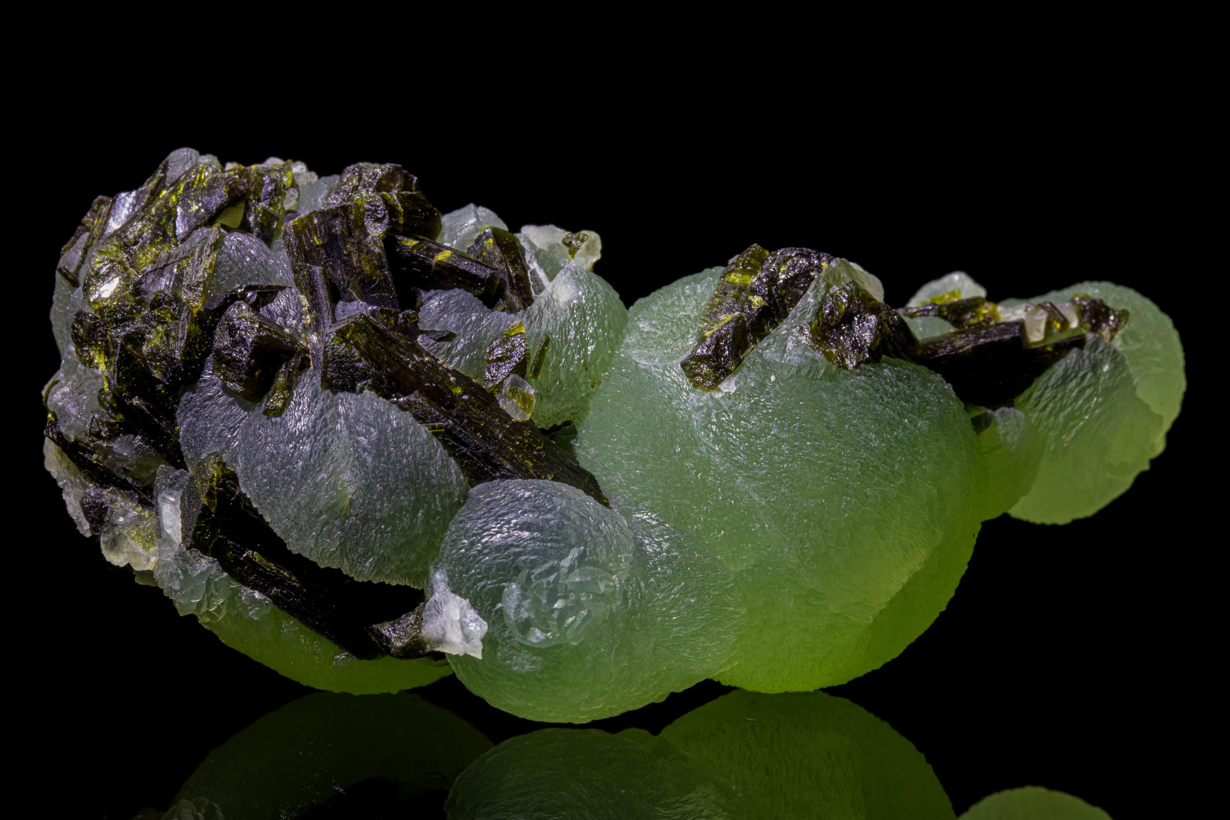 Close-up of green prehnite crystal formations with dark epidote from Diakon, Mali, photographed in studio