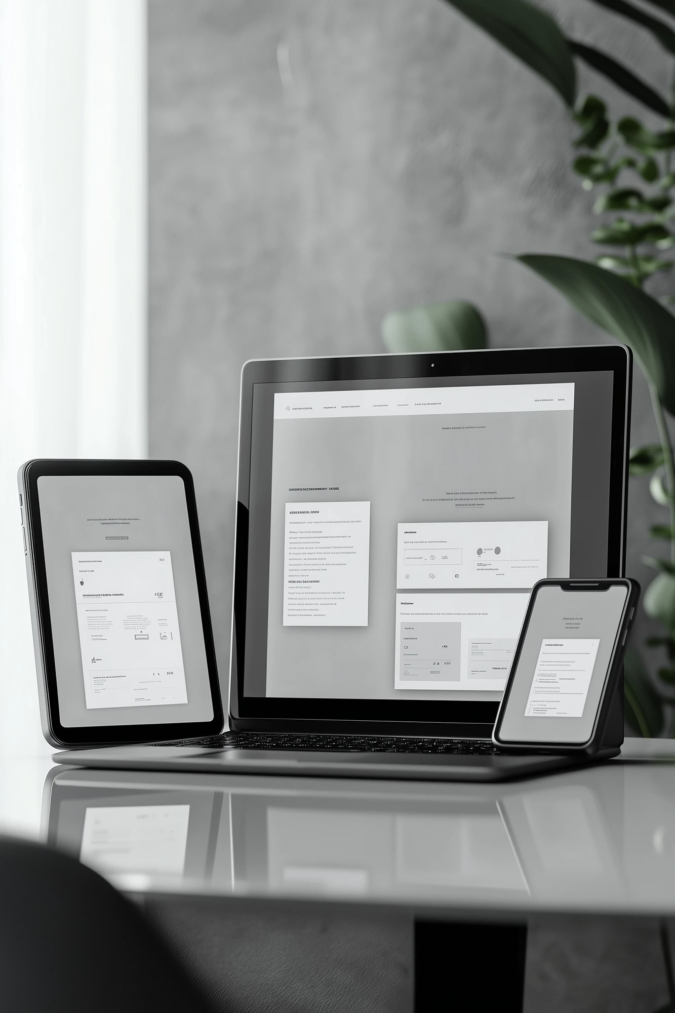 Website wireframe displayed on laptop, tablet, and smartphone to illustrate responsive design.