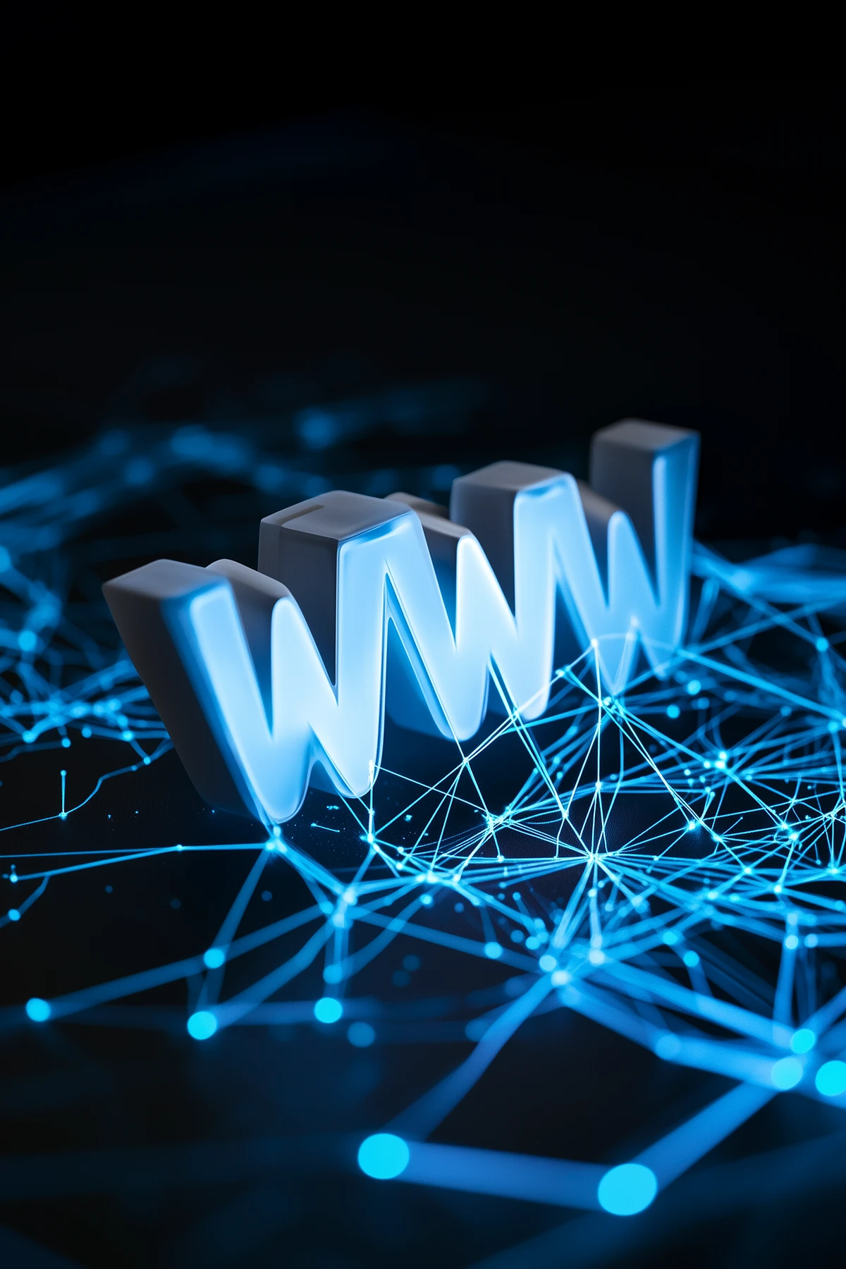 Glowing "WWW" letters on a connected blue digital network background.