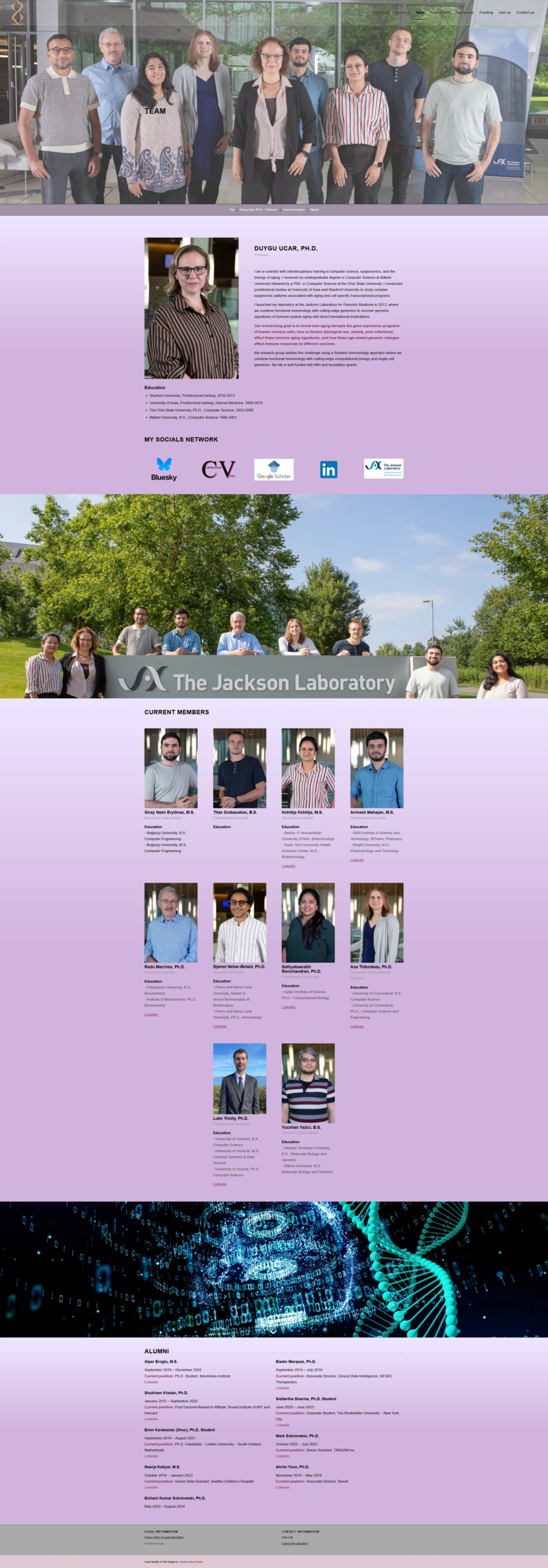Team page of the Ucar Lab website showing researcher profiles, web design by Camarda Visual Studio