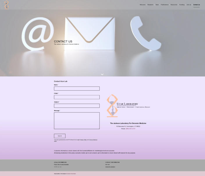Contact page of the Ucar Lab website, designed by Camarda Visual Studio