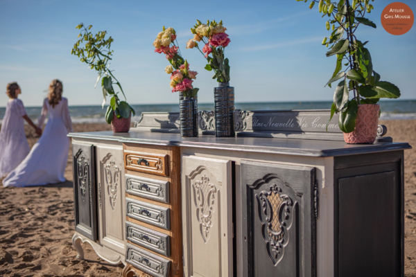 Angled view of the restyled sideboard, two women in white walking along the shore behind