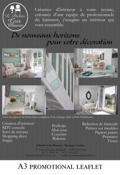 A3 promotional leaflet for L'Atelier Gris Mousse showing the full renovation of a seaside cottage and a list of services
