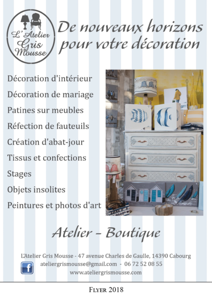 2018 boutique flyer for L'Atelier Gris Mousse listing services beside a coastal styled display