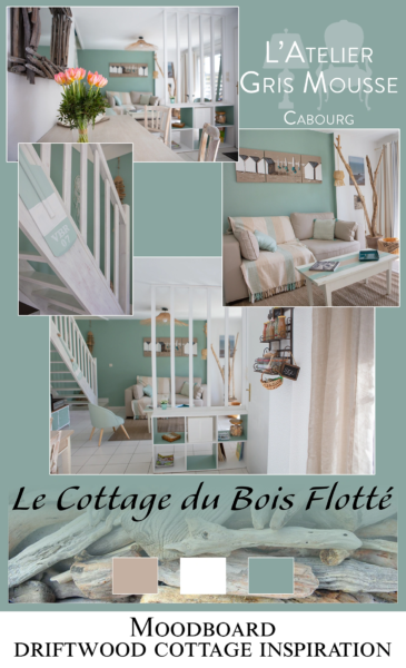 Project moodboard titled "Le Cottage du Bois Flotté" with interior photos and a driftwood colour palette