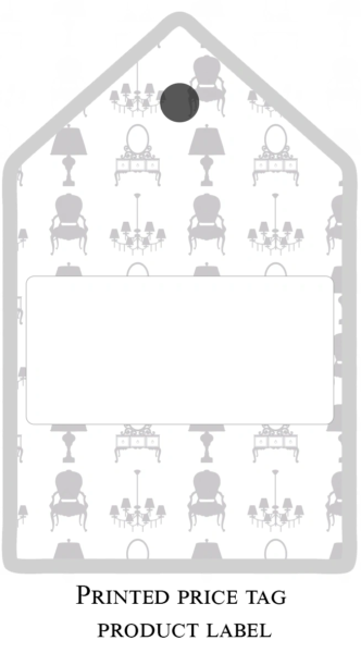 Printed product price tag for L'Atelier Gris Mousse with a patterned furniture-motif background