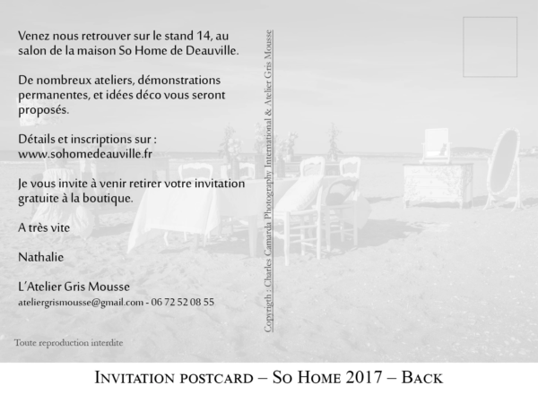 Back of the So Home 2017 postcard invitation with the message and stand details, over a faded beach image