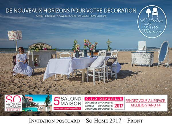 Front of the So Home 2017 postcard invitation showing the beach dining setup and fair details