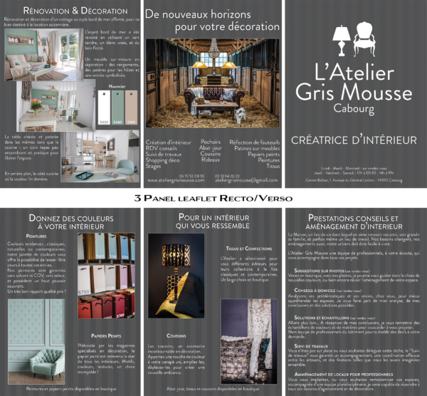 Both sides of the folded three-panel leaflet for L'Atelier Gris Mousse, with the stable shoot on the cover and services inside