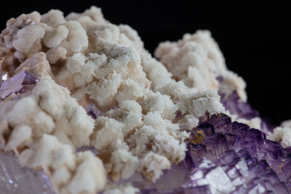 Macro view of white calcite crystals forming a crust over purple fluorite cubes, Mexico