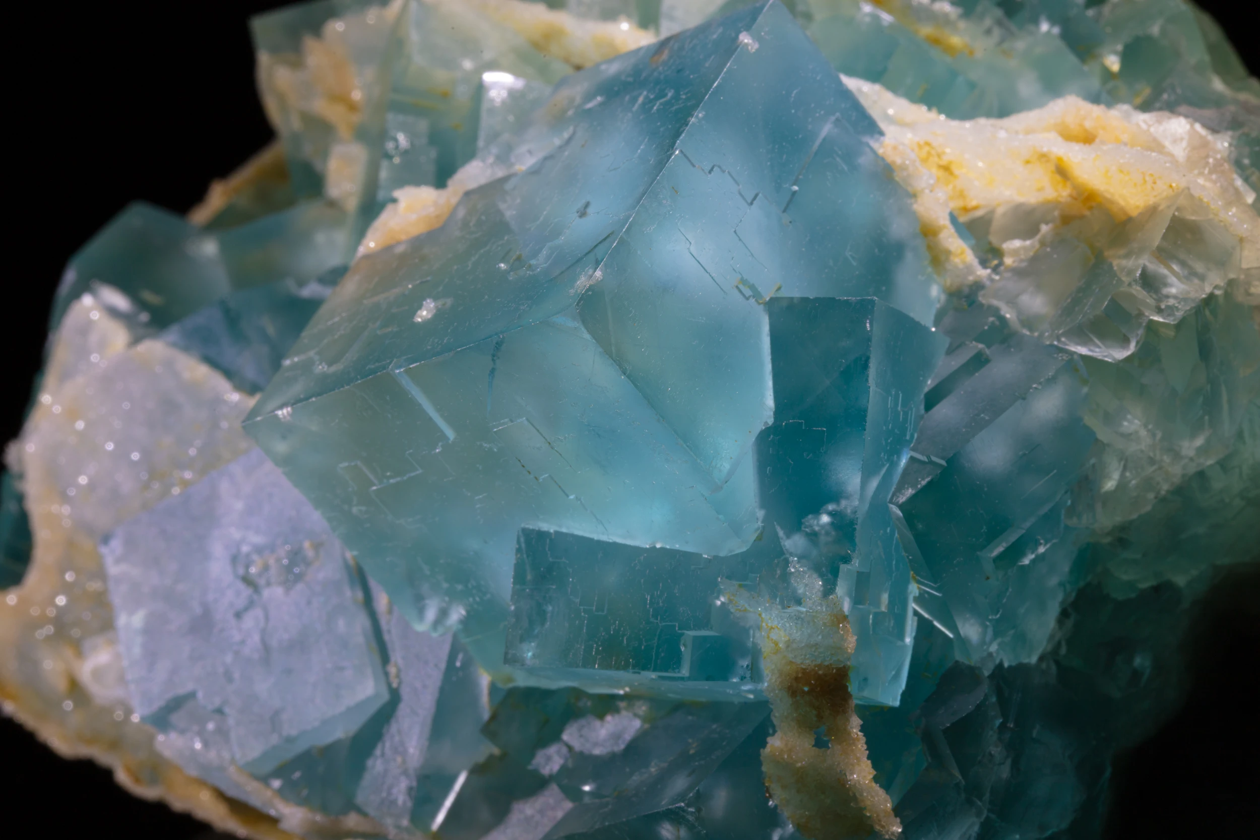 Macro view of blue-green fluorite cubes with stepped faces and yellow crystalline crust in the gaps, France
