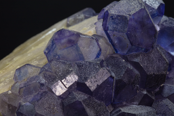 Violet-blue fluorite crystals with rounded faces resting on a pale calcite blade, China