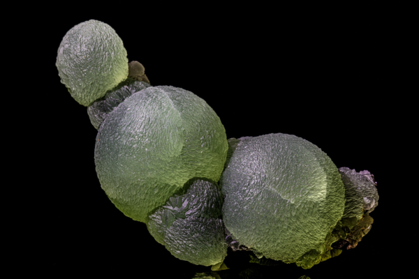 Macro view of three green botryoidal prehnite spheres with a finely fibrous surface, resting on dark epidote, Mali